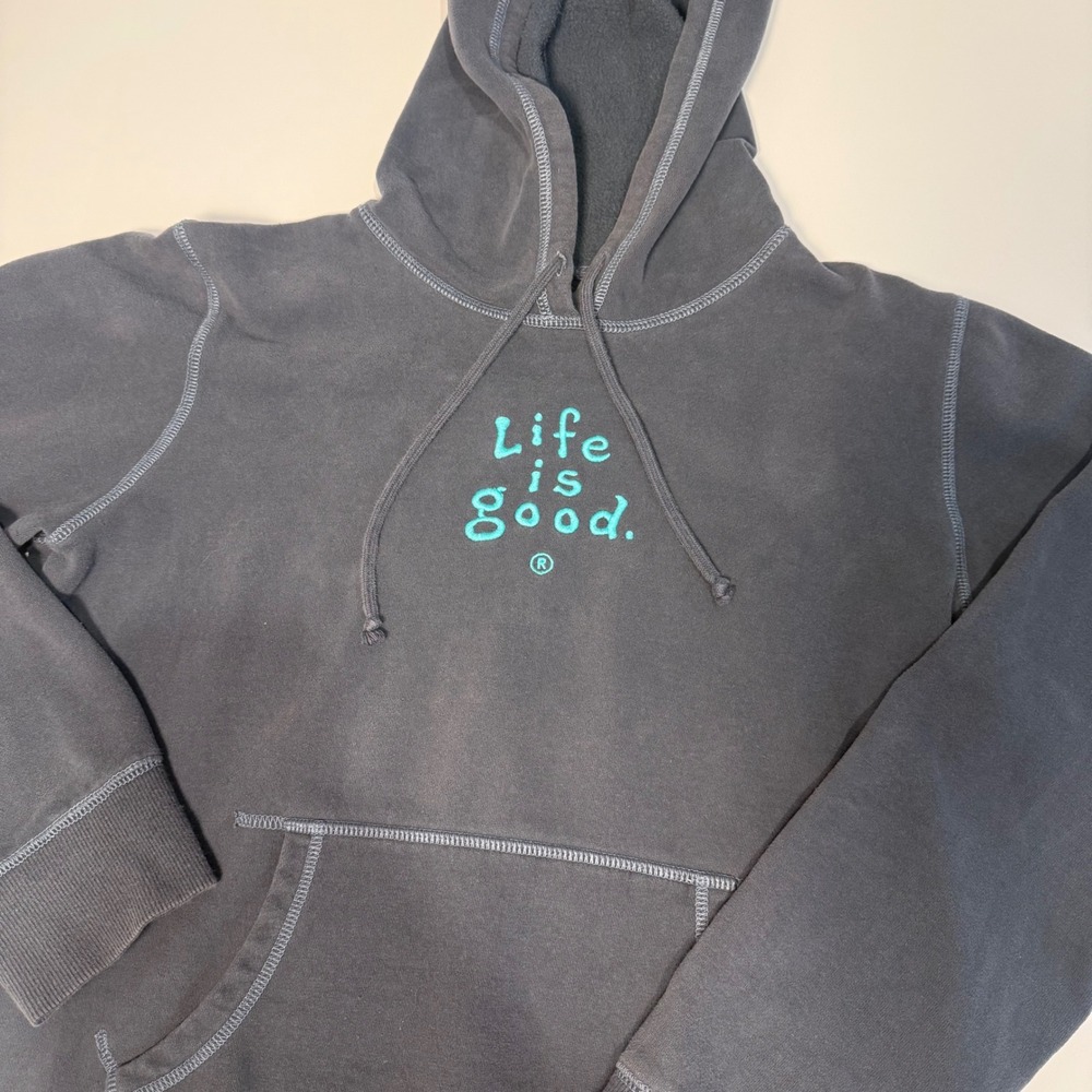 Life is Good Womens Hoodie Small Gray Teal Logo Pullover Sweatshirt Semi-Fitted - Picture 2 of 6